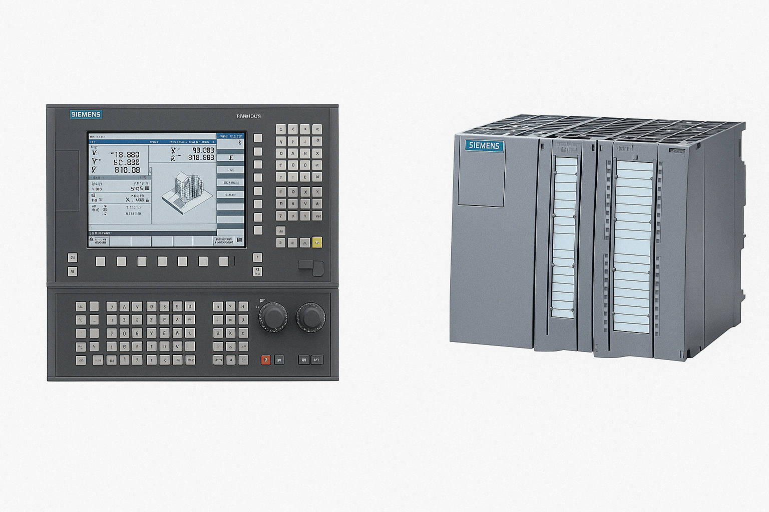 نمایی از کنترل CNC زیمنس SINUMERIK در کنار PLC صنعتی SIMATIC S7