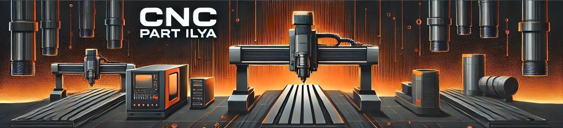 DALL·E 2025-04-23 14.15.17 - A flat, professional banner for a CNC company, featuring CNC milling machines. The design is clean, horizontal, with glowing orange accents on a dark